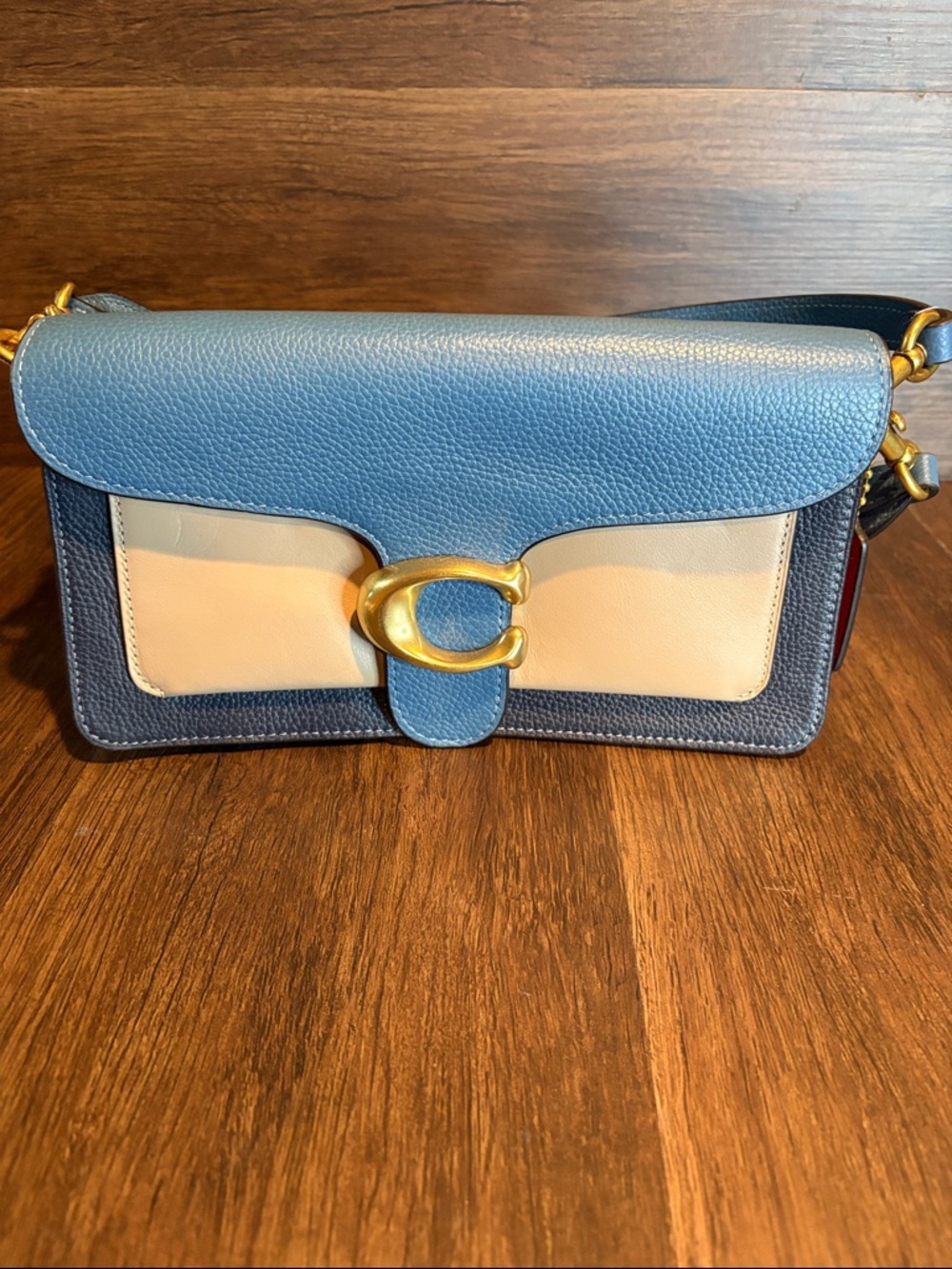 Coach Blue, Beige and Red Color Block Leather Crossbody with Gold 'C' Accent